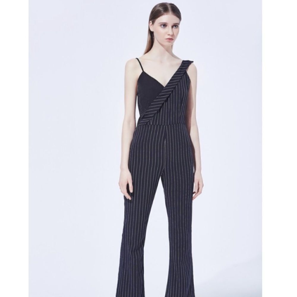 Asymmetrical Pinstripe and Lace Jumpsuit